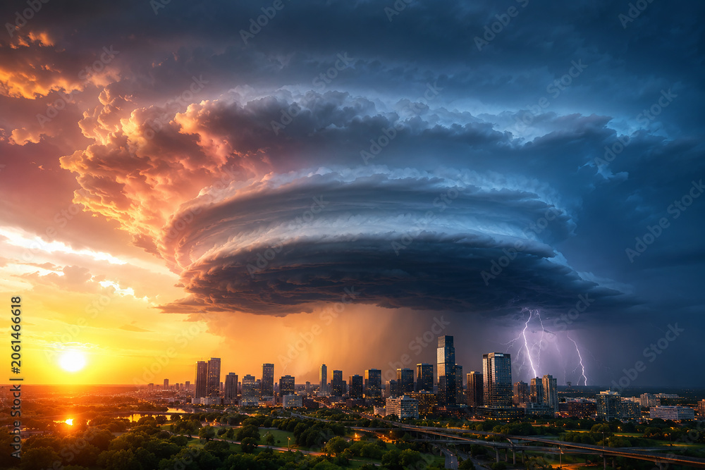 Fototapeta premium Dramatic Thunderstorm Clouds and Lightning Over City at Sunset