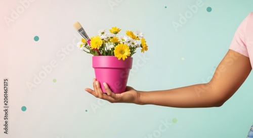 Person holding a pink flower pot with yellow and white daisies and a brush