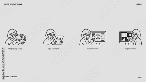 Tableau sur toile elderly accessibility UI design and low vision support icon collection, senior w