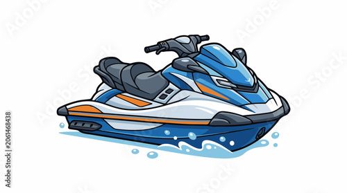 A cartoon-style illustration of a blue, white, and orange jet ski on water