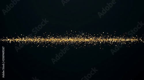 A horizontal line of shimmering gold particles glowing against a deep and dark black background.