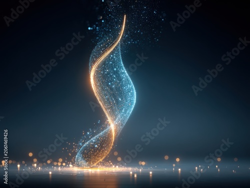 Abstract glowing swirl with sparkling particles in dark background  