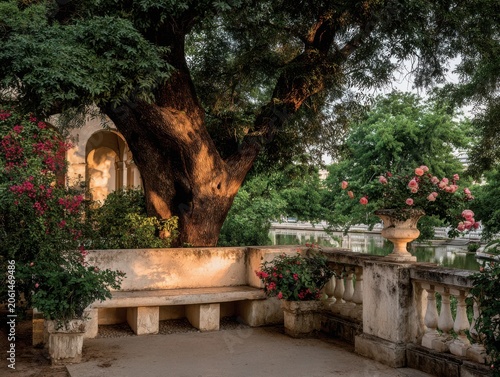 Tranquil garden scene with bench, flowers, and large tree in sunlight  