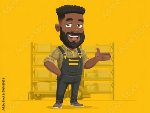 Cartoon man with beard smiling and gesturing in warehouse setting  