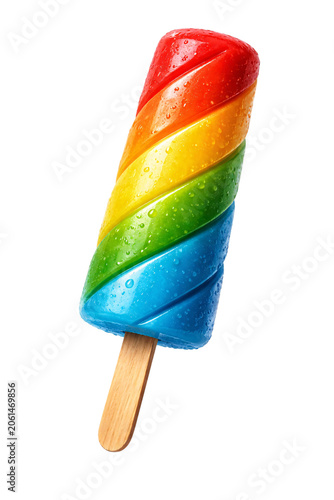 Rainbow swirl popsicle with water droplets on png transparent black