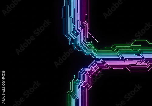 Vibrant glowing lines form a network of neon circuitry over a dark backdrop, illustrating high-speed data flow and modern tech, speed, abstract, circuit