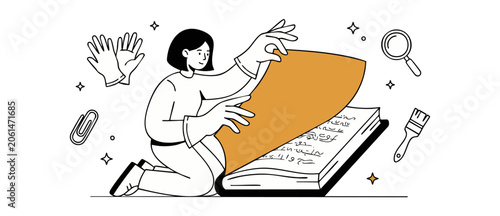 Φωτογραφία Archivist examining old manuscript vector illustration of historian woman turning page of ancient book with magnifying glass, gloves, paperclip and brush icons for research education history concepts