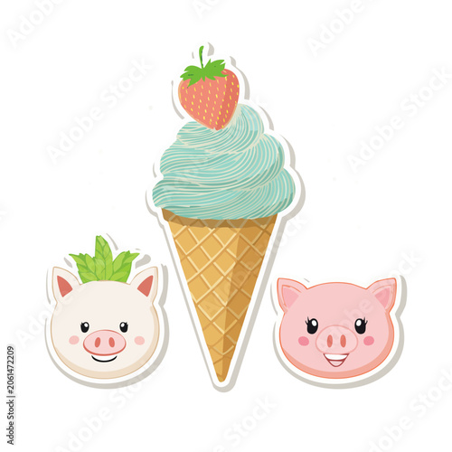 Cartoon Ice Cream Cone with Strawberry and Pig Faces