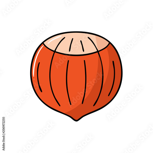 A simple, graphic illustration of a whole hazelnut with its shell, isolated on a white background.