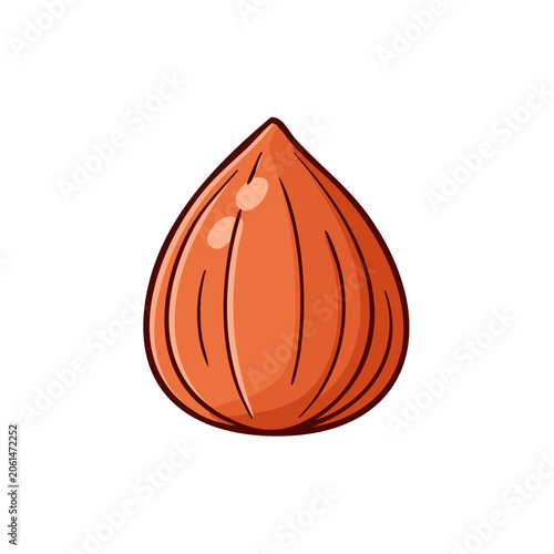 Cartoon illustration of a single shelled hazelnut with a pointed tip and smooth skin isolated on white