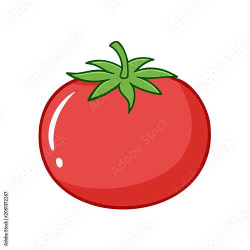 Vibrant cartoon tomato with green leaves and stem isolated on white background