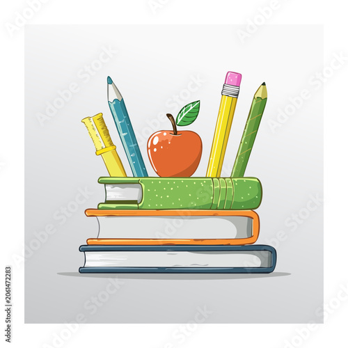 Cartoon illustration of stacked school supplies
