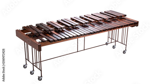 Foto Wooden marimba musical instrument with metal frame and wheels