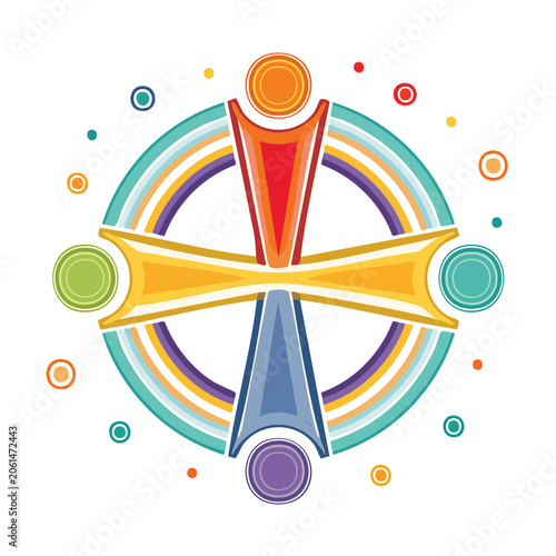 Colorful stylized cross with human figures and circles