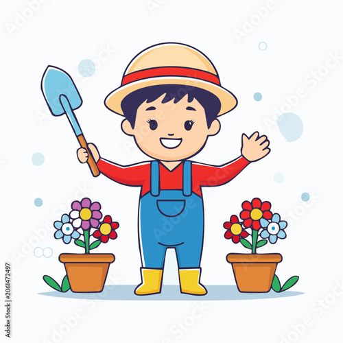 Cute Cartoon Gardener with Flowers and Shovel