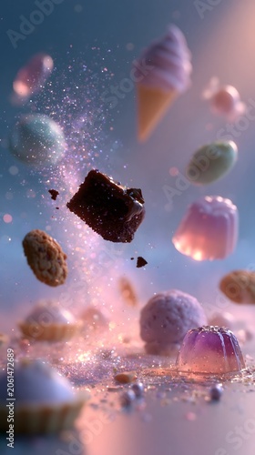 Sweets advertising background: Dynamic purple backdrop with flying chocolate cake and glitter stream