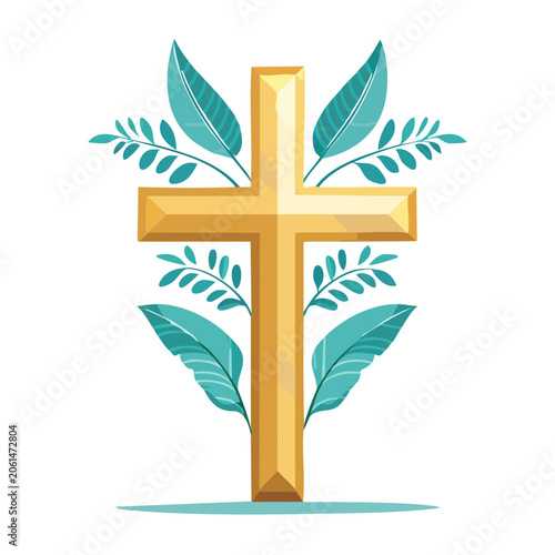 Golden Christian Cross with Teal Leaves and Branches
