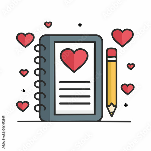 Notebook with Heart and Pencil Illustration