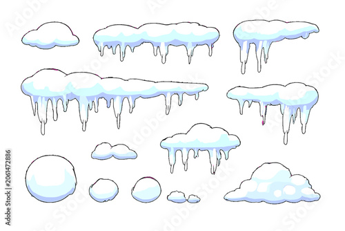 Bild auf Leinwand Set of cartoon snow caps, icicles, and snowballs