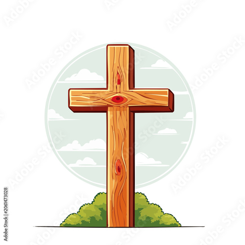 Wooden Christian Cross Illustration with Sky and Clouds