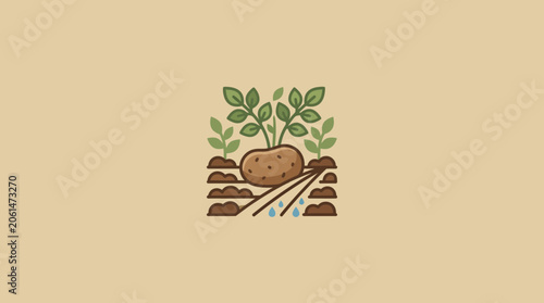 Minimalist Illustration of a Growing Potato Plant in Soil