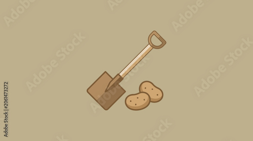 Minimalist Illustration of a Garden Shovel and Fresh Potatoes