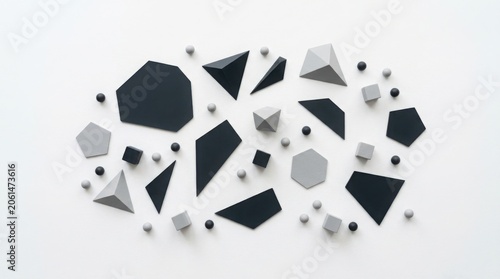 Abstract geometric shapes scattered minimalist composition on white background