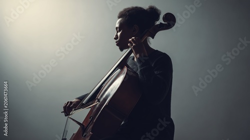 A black man plays the cello in profile