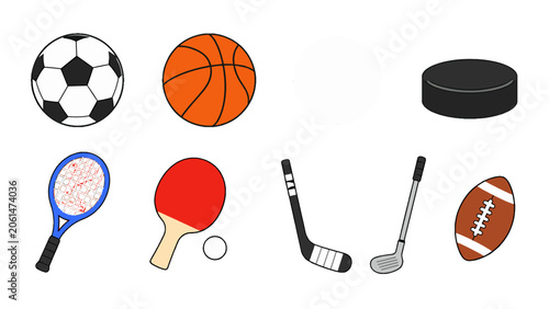 Photography Set of sports equipment icons with balls, racket, club and puck