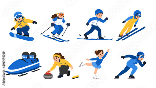 Fotografía Winter sports set with skiers, snowboarder, skaters and bobsled
