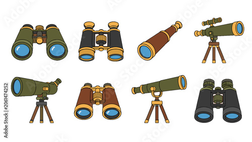 Tableau sur toile Set of binoculars and telescopes in cartoon vector style