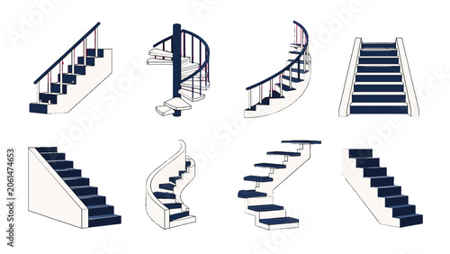 Photos Set of staircase and spiral stair illustrations in outline style