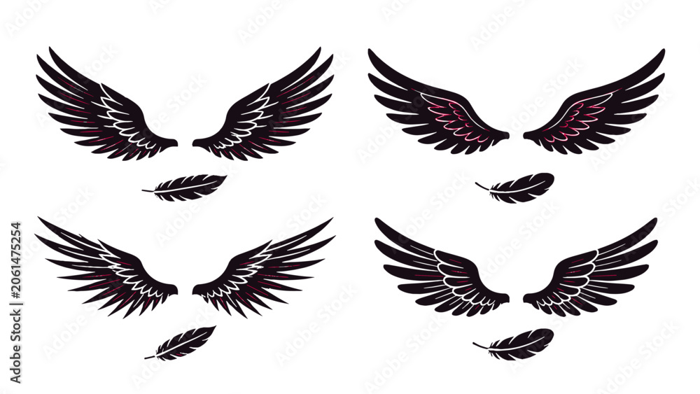 Naklejka premium Set of black bird wings with feathers in vector style