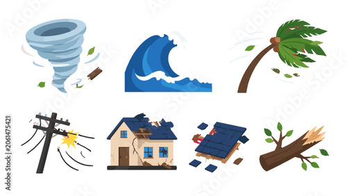 Schilderij op canvas Storm and natural disaster icon set with wind and damage