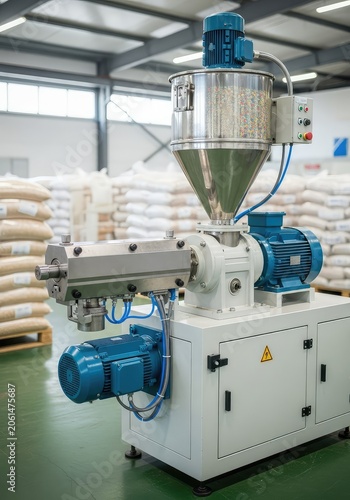 A single screw extruder machine with a large hopper processes bulk plastic for profile extrusion in a factory with pallets of raw material, pallets, bulk, production