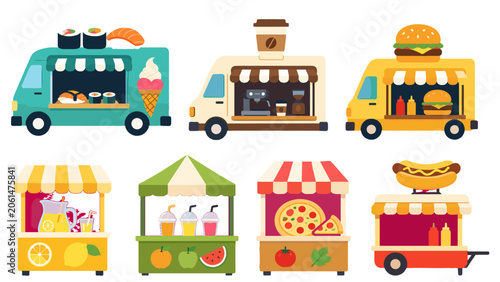 Bild auf Leinwand Set of colorful food trucks and market stalls vector illustration