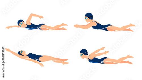 Картината върху платно Set of swimmer stroke positions in flat vector illustration