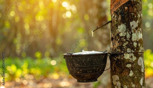 Watering can pouring water into a glass in a garden surrounded by trees, birds and plants in a natural forest park in spring outdoors