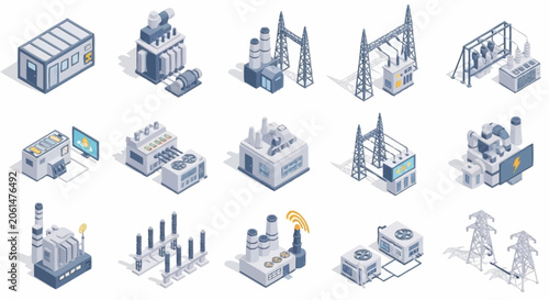 Isometric collection of industrial power generation and distribution facilities, including substations, generators, and transmission towers.
