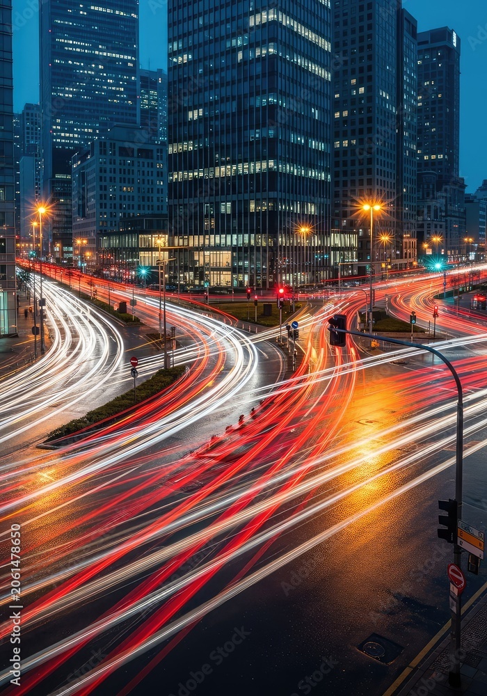 Obraz premium Vibrant light trails from evening traffic flow through a busy urban intersection surrounded by tall modern buildings and street lamps, night, dynamic, blur