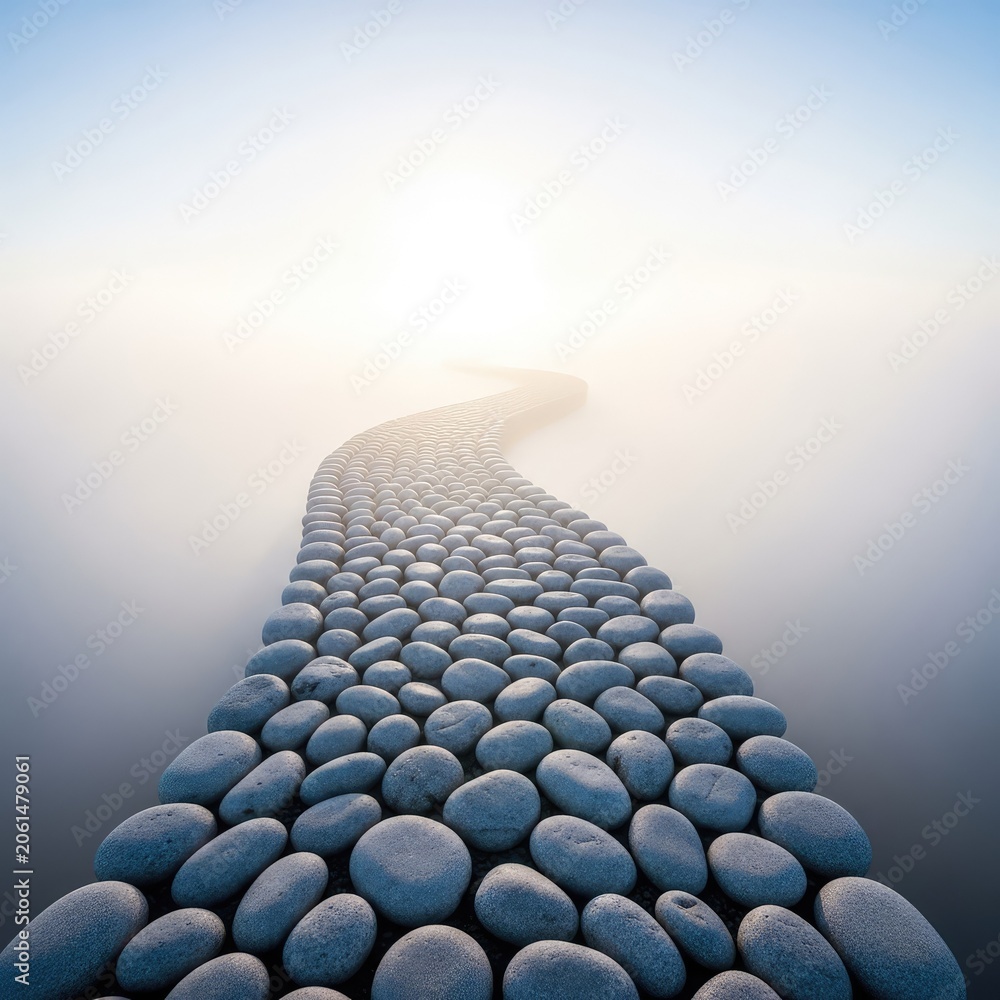 Fototapeta premium A winding stone path leads through a soft mist toward a horizon of pale light, capturing the essence of a silent walk into peace and calm, calm, white, airy