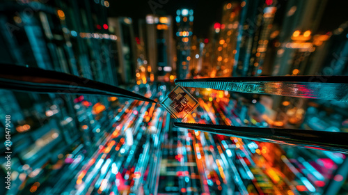 A Metaphorical Shot of a Tiny Semiconductor Chip Held Against a Blurred Urban Nightscape