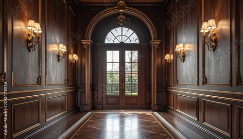Interior of an ancient European church with grand entrance, marble floors, arches and columns and a long hallway cathedral in Italy