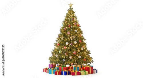An elegantly decorated evergreen tree stands glowing with warm lights, adorned with festive ornaments and colorful wrapped gift boxes below, christmas tree, blurred, branch