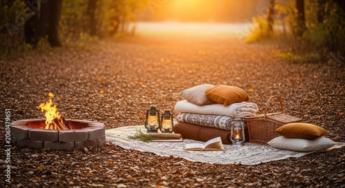 A rustic picnic set up in a serene woodland clearing at golden hour featuring warm blankets, soft pillows, and a small crackling fire, scenic, inviting, meadow