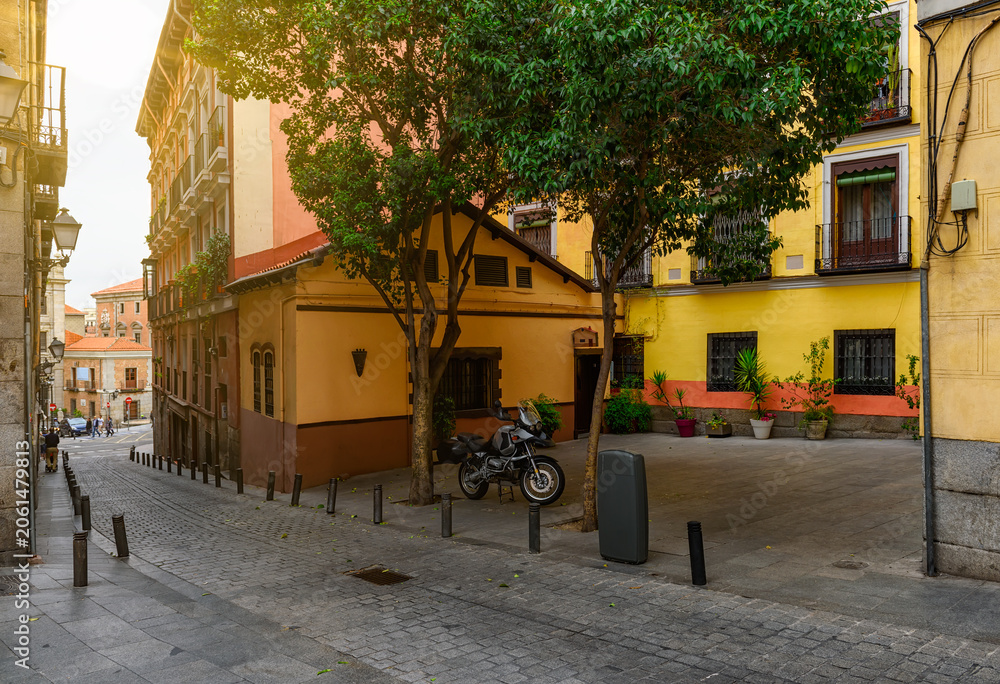 Obraz premium Cozy narrow street in Madrid, Spain. Architecture and landmark of Madrid.