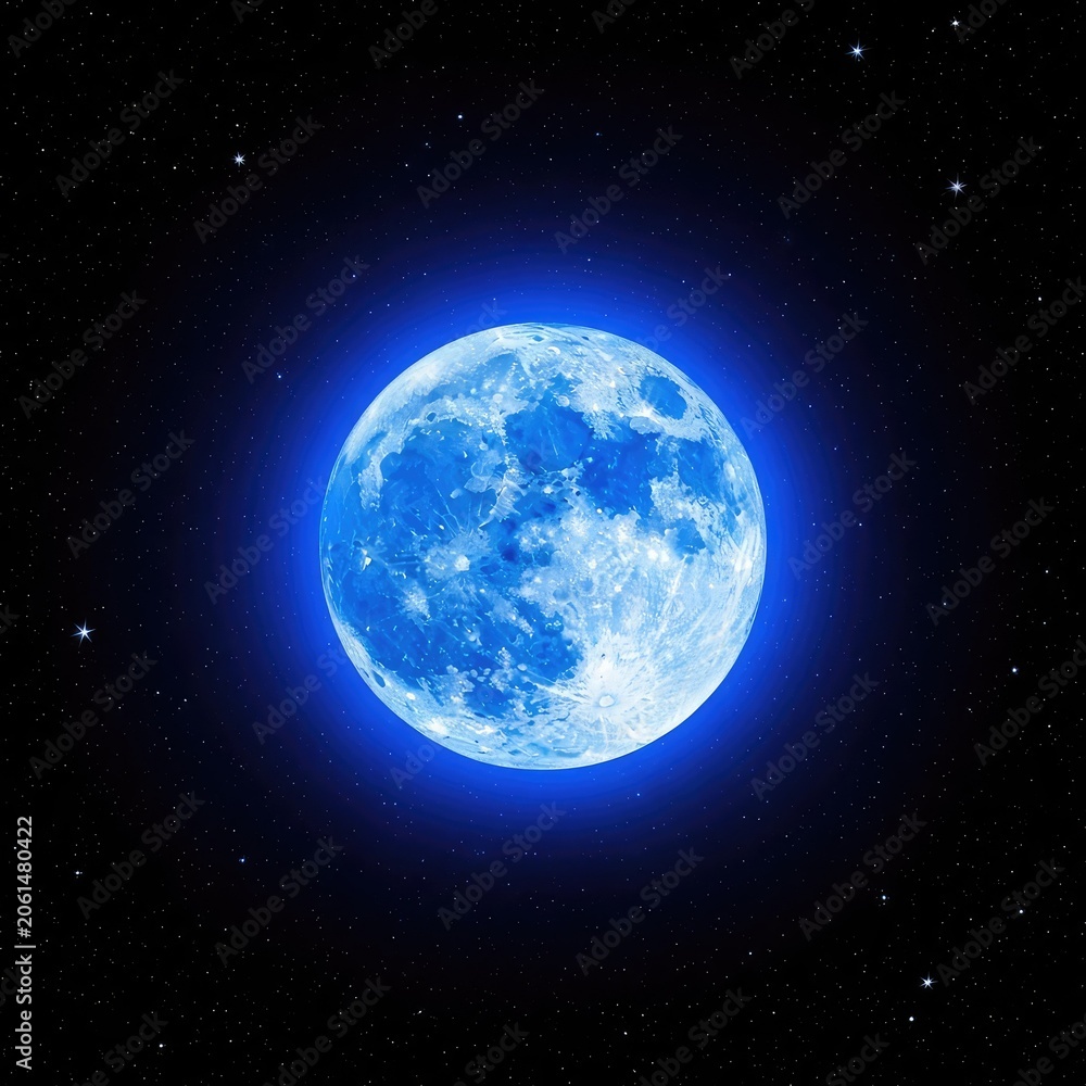 Fototapeta premium An ethereal blue moon illuminates the pitch-black heavens with a brilliant glow, spreading soft sapphire light across a silent starry night, blue moon, bright, tranquil