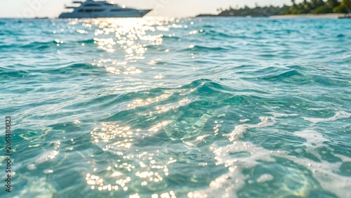 Sparkling Turquoise Ocean Water with Distant Yacht and Tropical Island.