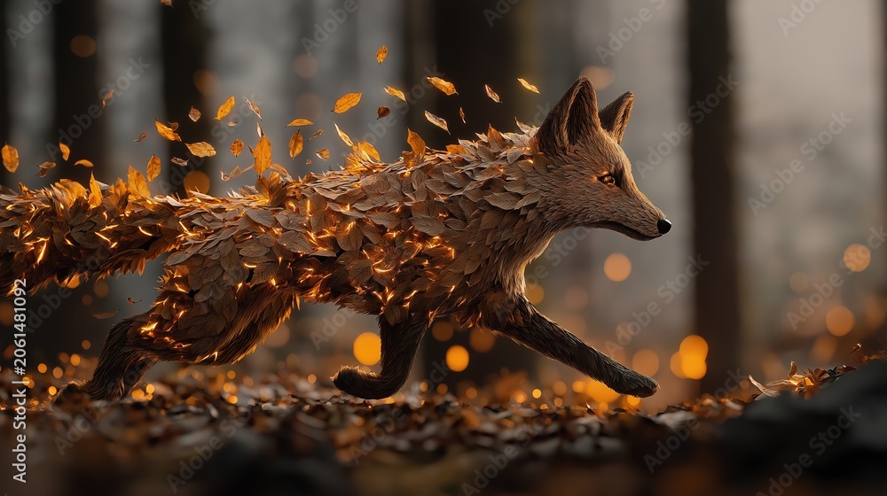 Fototapeta premium A fox made of autumn leaves runs through a blurred forest, blending nature and animal in a surreal, artistic scene.