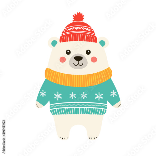 Cute polar bear in winter knitwear illustration